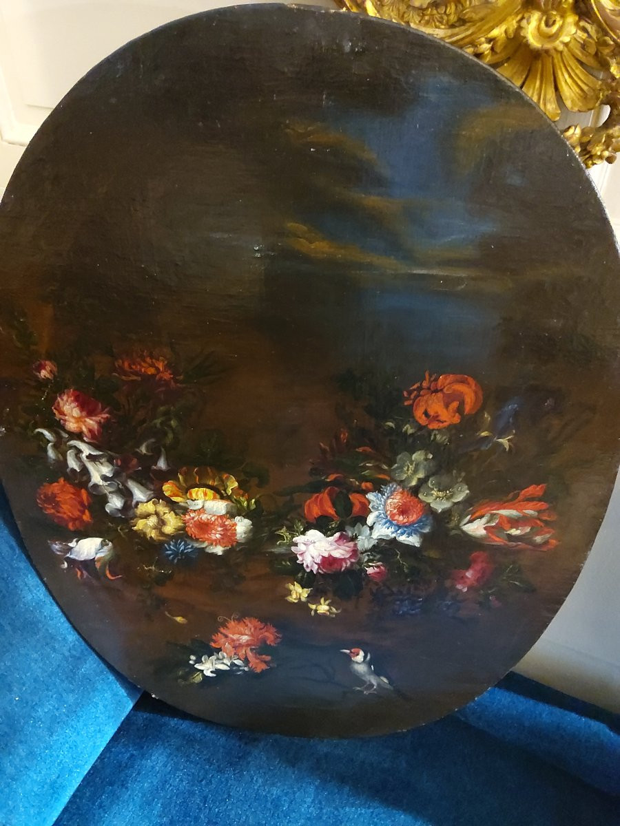 Pair Of Oil On Canvas Medallions Mounted On Wood, Bouquets Of Flowers, 17th Century-photo-4